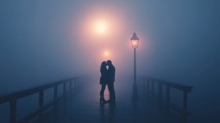 Fototapeta premium Romantic Silhouette of Couple Kissing on a Foggy Pier Under Moonlight with Street Lamp in the Background