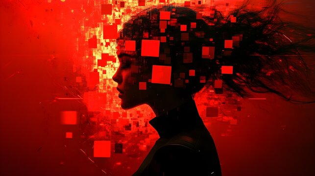 Woman's silhouette with red digital squares radiating from her head, evoking thoughts visualized as digital data, Modern, Digital art, Red palette, Glowing effect, Futuristic concept