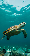 Obraz premium Marine conservation awareness: sea turtle amidst ocean pollution