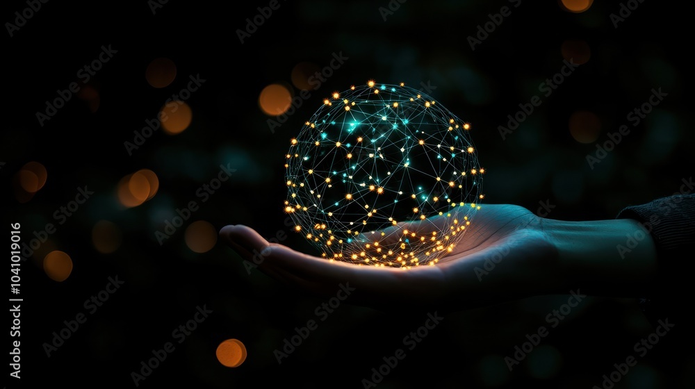 Poster sms. hand holding a globe with network connecting data. concept of digital technology, supply chain 