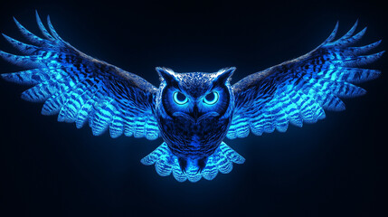 Glowing blue owl with spread wings in a dark background