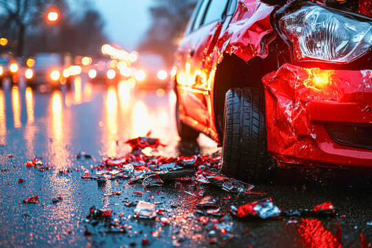 Minimalist photo of a crashed car on wet road - urban traffic scene for safety campaigns