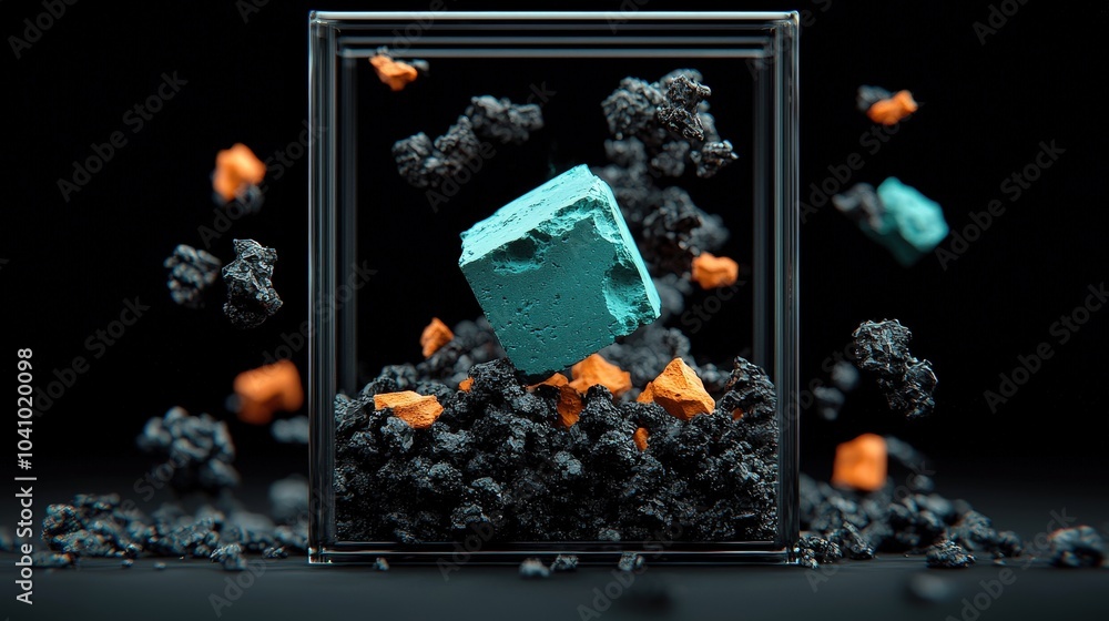 Aufkleber abstract 3d cube floating in glass box with colorful rocks