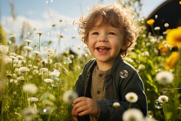 A child joyfully chasing and catching colorful bubbles in a sunny and vibrant meadow scene