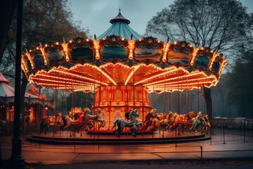 Enchanting evening carousel twirling amidst park lights creating a magical atmosphere