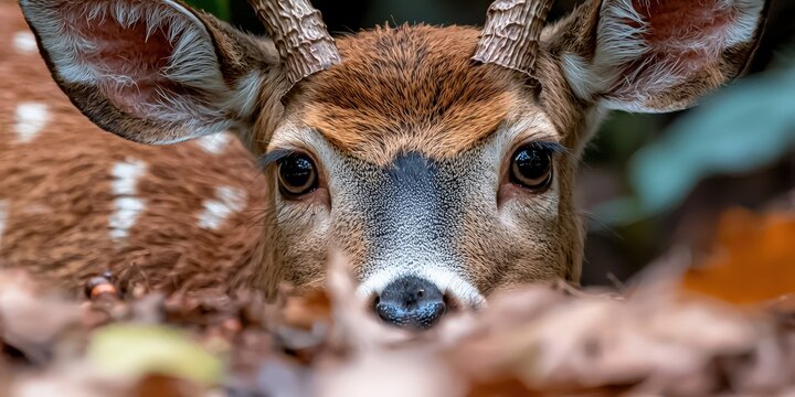 Close up of a Button Buck Deer with Antlers in Forest