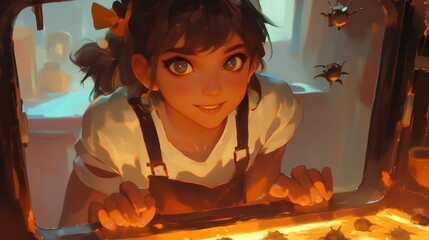 young woman baking cookies in cozy kitchen 