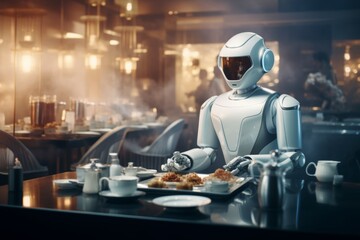Innovative office assistant  a robot efficiently delivers coffee to employees in the workplace