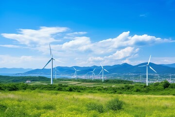 Wind turbines rotating gracefully above vibrant green hills under a bright clear blue sky
