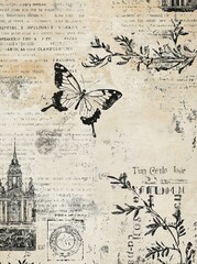 Vintage Newspaper Texture with Butterfly and Branch