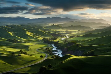 Wind turbines gracefully spinning over vibrant green hills in a beautiful natural landscape.