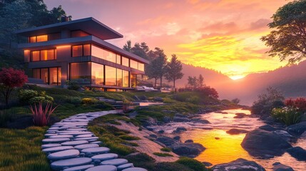 3D visualization of a chic modern home at sunset, positioned next to a river with a stone pathway leading to it.