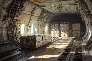 Depict the interior of a cargo plane filled with goods. Highlight the space optimization and securing of cargo, Generative AI
