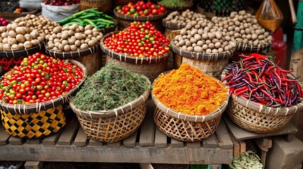 Vibrant Spices and Produce at a Lively Market Stall