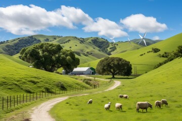 Spinning wind turbines on lush green hills creating sustainable energy landscape