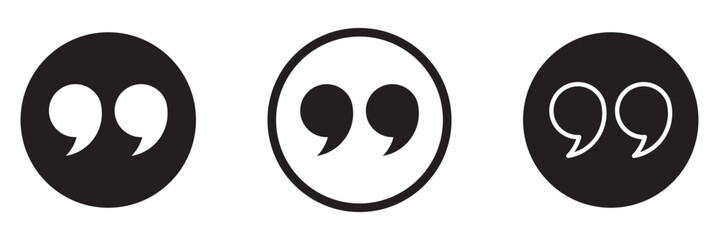 Quote right icon set. double quotation vector symbol. discussion dialog remark open and close quote sign in black filled and outlined style.