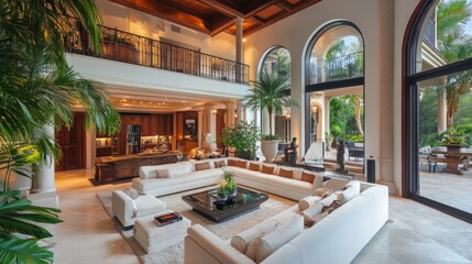 A luxurious living space with a vaulted high ceiling and a stunning mezzanine overlooking the main area.