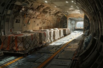 Depict the interior of a cargo plane filled with goods. Highlight the space optimization and securing of cargo, Generative AI