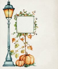 Watercolor Old-Fashioned Street Lamp with Vines, Pumpkins, and Blank Signs