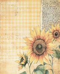 Whimsical Yellow Checkered Watercolor Background with Vintage Newsprint and Sunflowers