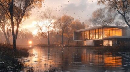 Obraz premium A riverbank modern house rendered in 3D, illuminated by soft lights, with a backdrop of trees and a setting sun.