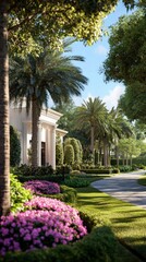 Breathtaking Tropical Landscape Featuring Lush Palm Trees and Vibrant Flower Beds in a Serene Garden Pathway