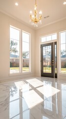 Fototapeta premium Elegant Modern Entrance with Luxurious Chandelier and Bright Natural Light Filtering In