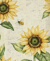 Whimsical Watercolor Sunflowers with Vintage Beige Newsprint