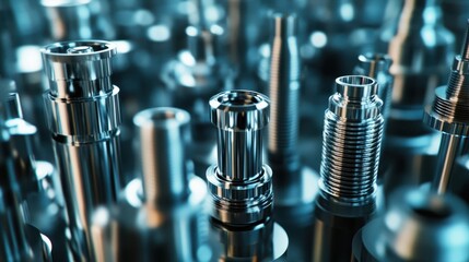 a batch of shiny metal cnc aerospace parts production - close-up with selective focus for industrial background