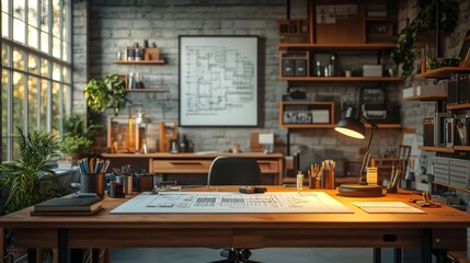 Study drafting table with organized design schematics and a lamp in a professional engineering office. 8k. 3D render. dramatic lighting.