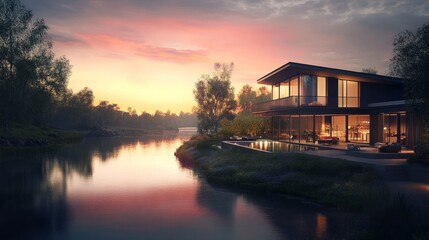 Fototapeta premium A sleek modern house overlooking a river, with a stunning sunset in the background and soft garden lighting.