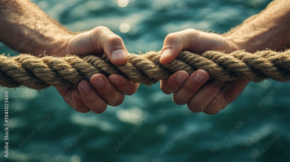 Wall mural two hands gripping a thick rope against a blurred water background.