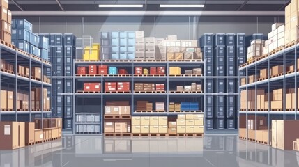 A large warehouse with numerous items. Rows of shelves with boxes. Logistics. Inventory control, order fulfillment or space optimization. Illustration for advertising, marketing or presentation.