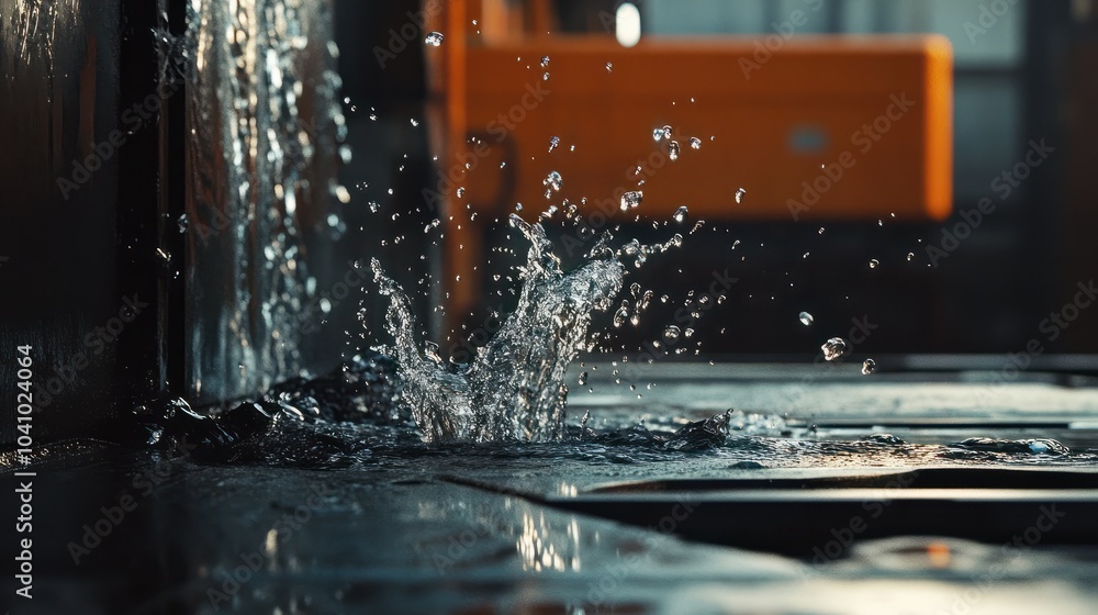 Poster a process of vertical cnc steel milling with external water coolant streams and splashes
