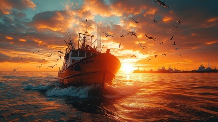 Obraz premium A fishing boat navigating through a vibrant sunset with seagulls.