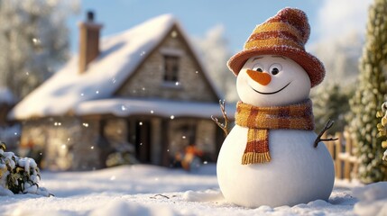 Obraz premium A snowman with a hat and scarf stands in front of a house. The scene is set in a snowy landscape, with the snowman being the main focus of the image. The house in the background adds a sense of warmt