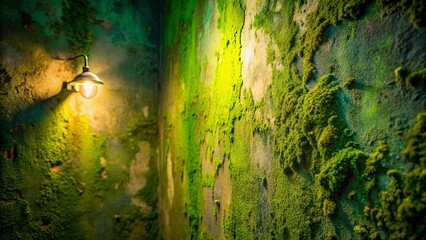 A single lightbulb illuminates a patch of moss-covered wall, casting a warm glow on the verdant texture