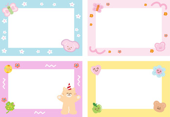 Cute pastel frame set with cat, party hat, puppy, teddy bear, clover leaf, butterfly, apple, heart for background, wallpaper, backdrop, polaroid frame, photo card, banner, rectangle ad template, print