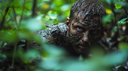 Obraz premium Wild Man Emerging from Mud and Leaves in Forest