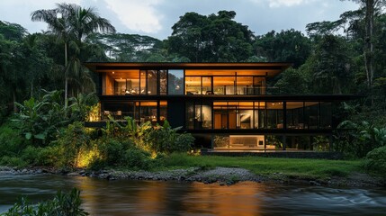 Fototapeta premium Modern architectural design of a house by the river at dusk, surrounded by lush greenery and soft landscape lighting.