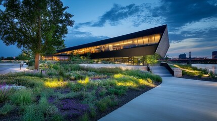 Modern architectural masterpiece beside the river at evening, surrounded by landscaped gardens and glowing lights