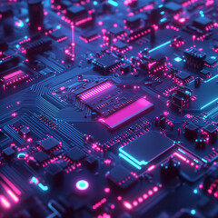 Obraz premium A computer chip with a pink and blue background. The chip is surrounded by a purple and blue glow