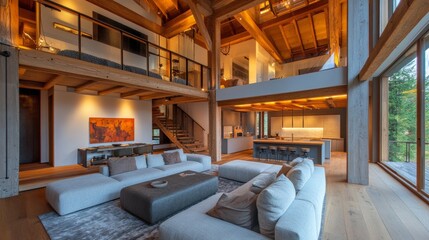 Modern living room showcasing a high ceiling, wooden beams, and an inviting mezzanine with cozy seating.