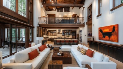 Modern living room showcasing a high ceiling, wooden beams, and an inviting mezzanine with cozy seating.