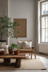 Scandinavian farmhouse living room interior, wall mockup, 3d render, Generative AI