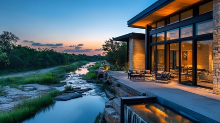 Fototapeta premium Stylish contemporary home beside a tranquil river at dusk, showcasing large windows and a cozy outdoor seating area.