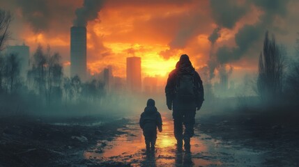 Fototapeta premium A silhouetted figure and child walk towards a polluted sunset.