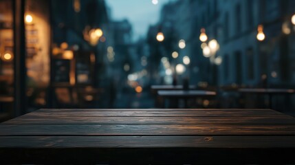 Blank wooden table top on blurred european city night cafe mockup background, evening. empty old wooden table with interior restaurant in soft focus in the background.