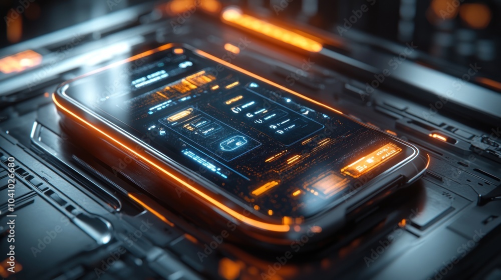 Poster futuristic smartphone on a tech-inspired surface with glowing elements.