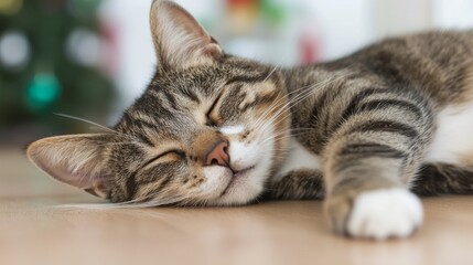 Sleeping Tabby Cat with White Paw Close up